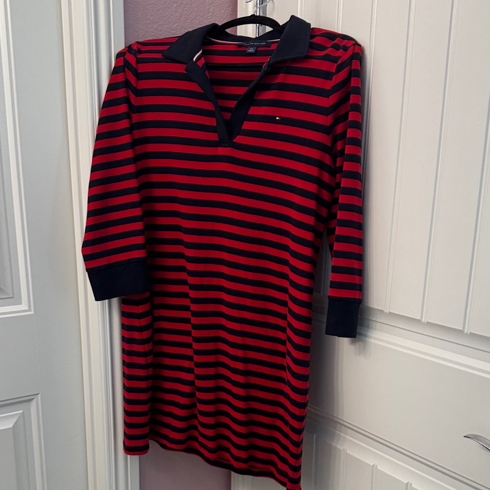 Tommy Hilfiger Red and Navy Striped Long Sleeve Dress
